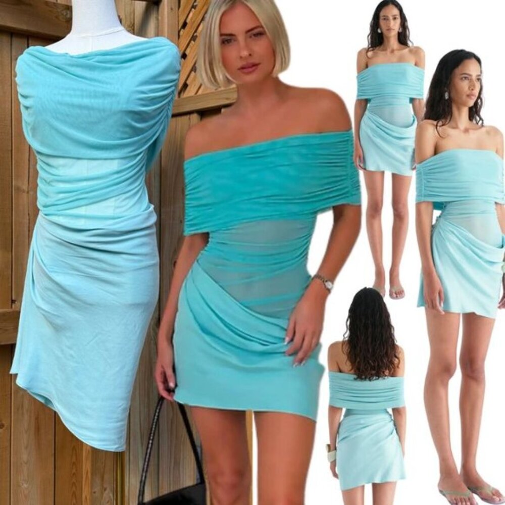 🆕 BENNI 🧿 NWOT Nico Off Shoulder Mini Dress, Aquamarine - Sz AU 14 US 10